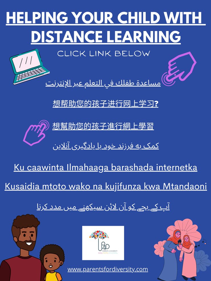 A blue rectangle with the text "Helping Your Child With Distance Learning" Click Link Below. Eight links in Arabic, Simplified Chinese, Chinese, Farsi/Persian, Somali, Swahili, and Urdu and then listed in order, with the P4D umbrella logo and graphics of adults and children at the bottom