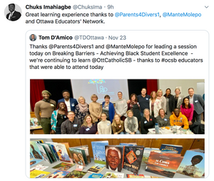 Original tweet: Thanks  @Parents4Divers1  and  @ManteMolepo  for leading a session today on Breaking Barriers - Achieving Black Student Excellence  - we’re continuing to learn  @OttCatholicSB  - thanks to #ocsb educators that were able to attend today QRT: Great learning experience thanks to @Parents4Divers1, @ManteMolepo and Ottawa Educators' Network. with a group picture and a table with books