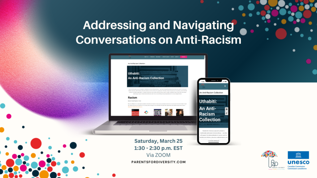 Image is of poster with half the page in blue and the other in white. Image has words that say, "Addressing and Navigating Conversations on Anti-Racism"